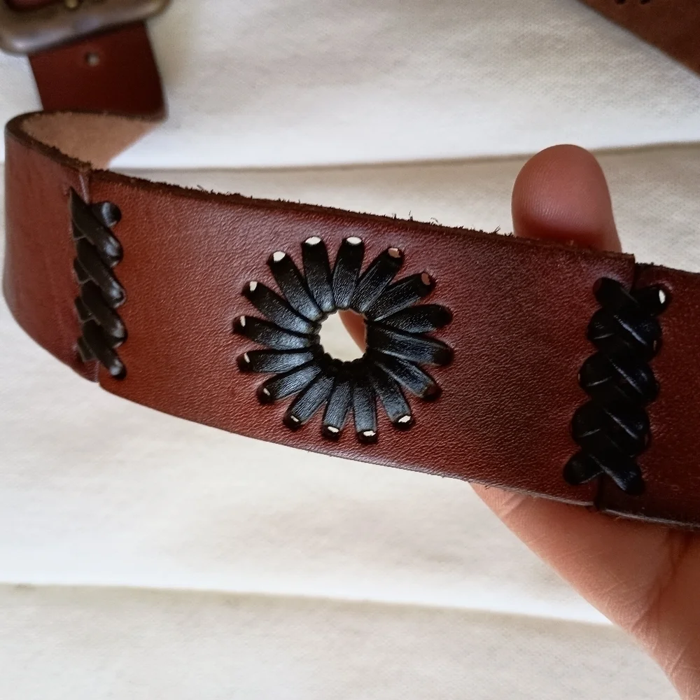 Vintage Brown Leather Belt with Black Accents_XL